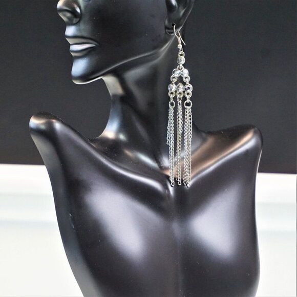 Chain Tassel Dangling Drop Earrings Pierced Silver Tone Metal - Picture 3 of 4